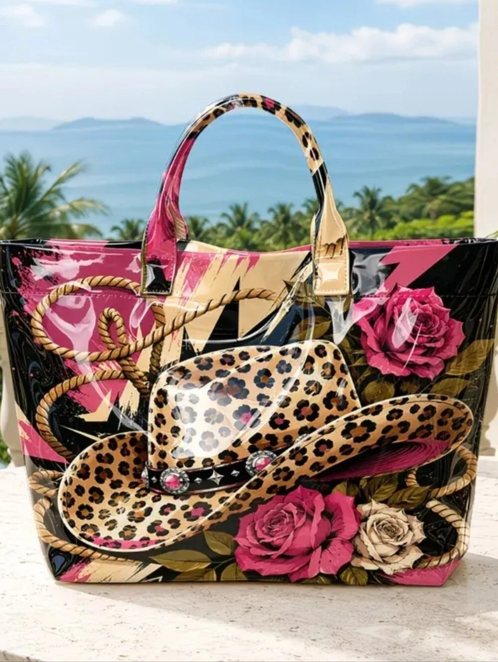 Western Leopard Print Cowgirl Hat And Rope PVC Daily Commuter Tote